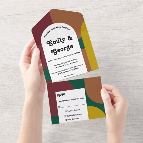 Modern Groovy Retro Colorful Abstract Wedding All In One Invitation