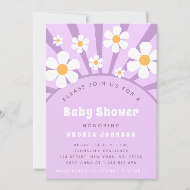 Modern Groovy Retro Pink Purple Daisy Baby Shower  Invitation (Front)