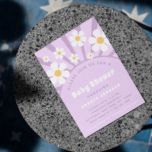 Modern Groovy Retro Pink Purple Daisy Baby Shower Invitation
