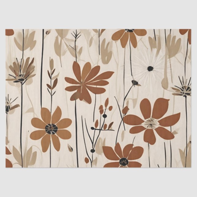 Modern Groovy Retro Rusty Brown Flowers Tissue Paper (Front)