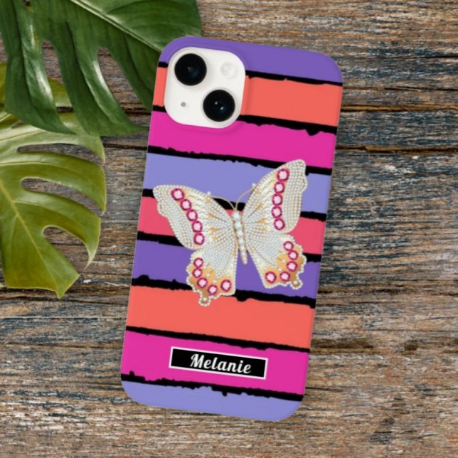Modern groovy stripes monogrammed butterfly retro  Case-Mate iPhone case (Creator Uploaded)