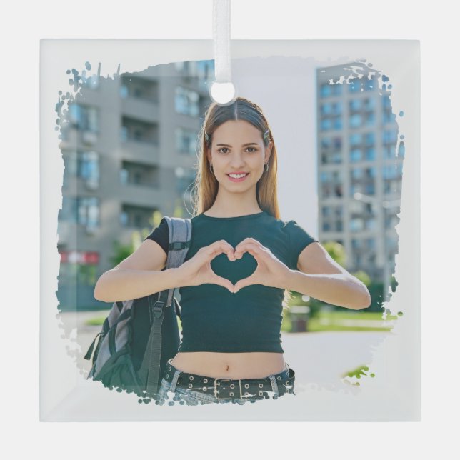 Modern Grunge Border Photo Glass Ornament (Front)
