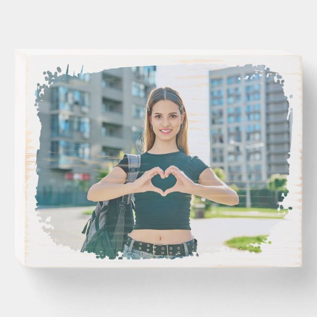 Modern Grunge Border Photo Wooden Box Sign (Front Horizontal)