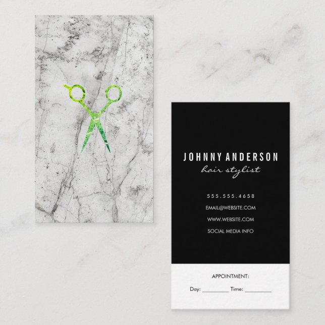 Modern Grunge Green Scissors Marble Appointment Card (Front/Back)