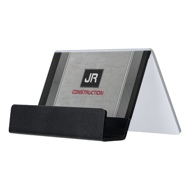 Modern Grungy Gray Metallic Texture Desk Business Card Holder (Angled Front)