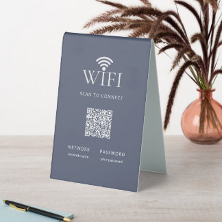 Modern Guest WiFi Password QR Code Muted Blue Table Tent