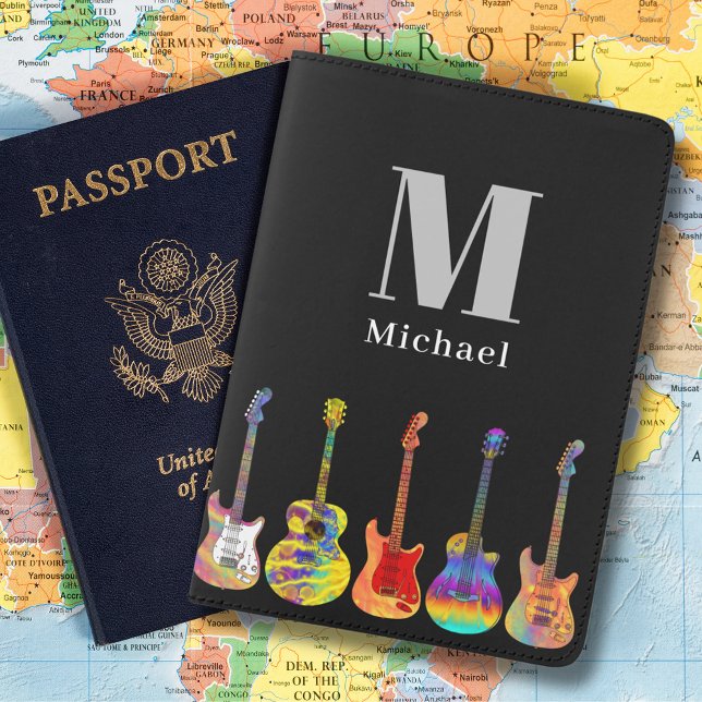 Modern Guitar Music Lovers Personalized Monogram Passport Holder (Guitar pattern personalized monogram black passport cover)