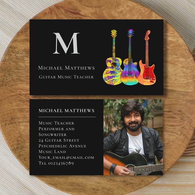 Modern Guitar Music Teacher Custom Photo Business Card (Stylish guitar teacher musician custom photo business card)