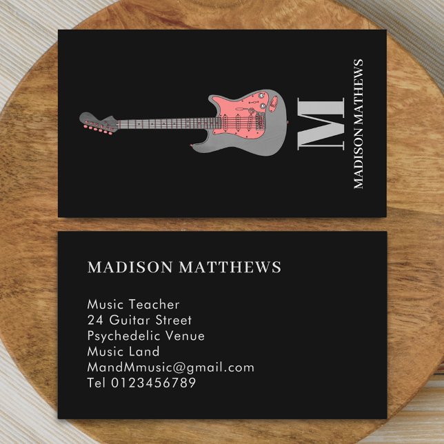 Modern Guitar Music Teacher Musician Black Pink Business Card (Modern minimalist guitar music teacher professional musician pink and black monogram Business card)