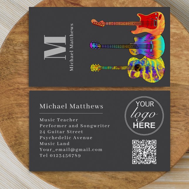 Modern Guitar Music Teacher Musician Logo QR Code Business Card (Modern guitar music tutor professional musician logo qr code Business card)