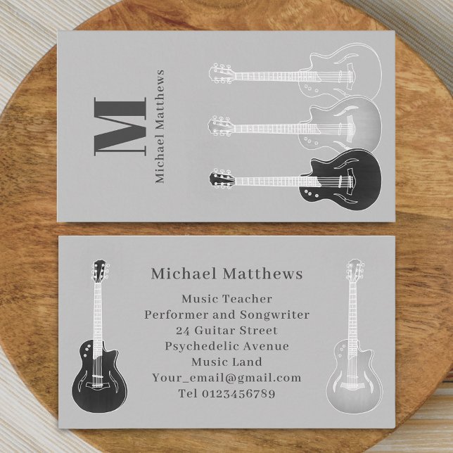 Modern Guitar Music Teacher Musician Professional  Business Card (Modern guitar music teacher professional musician gray Business card Simple minimalist design)