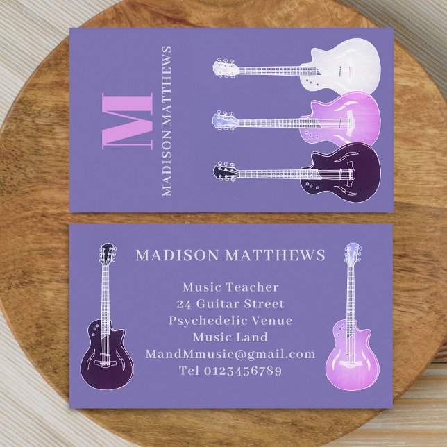 Modern Guitar Music Teacher Musician Purple Pink  Business Card (Modern musician guitar music teacher purple pink Business card monogram initials simple minimalist )