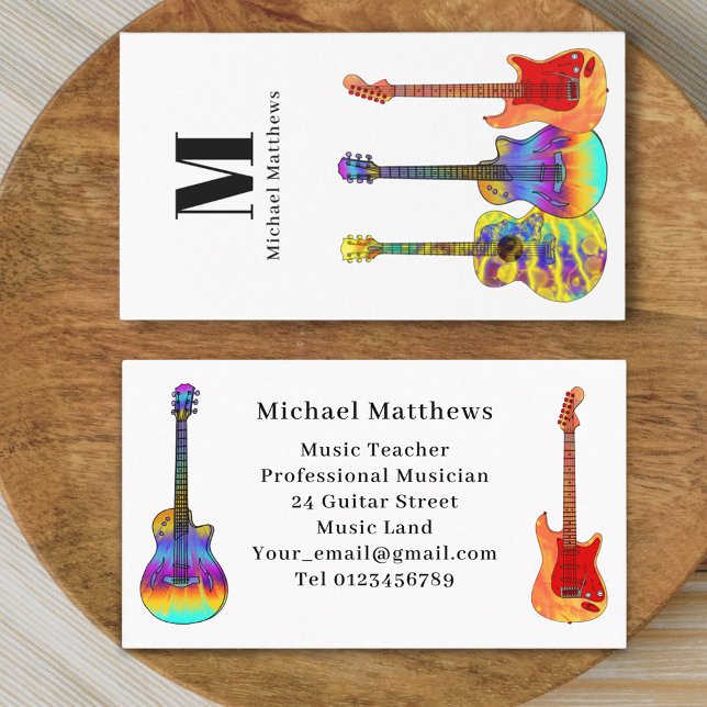 Modern Guitar Music Teacher Professional Musician  Business Card (Modern guitar music teacher professional musician Business card Colorful guitar artwork design)
