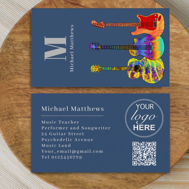 Modern Guitar Music Tutor Musician Logo & QR Code Business Card (Modern guitar music tutor professional musician logo qr code blue Business card Colorful guitar art)
