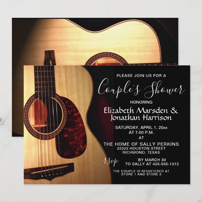 Modern Guitar Musical Handlettered Couple's Shower Invitation (Front/Back)