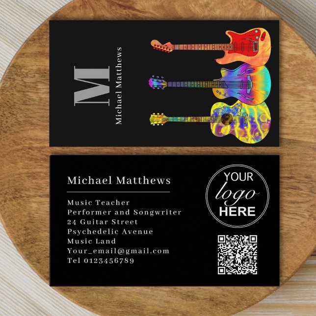 Modern Guitar Teacher Musician Logo QR Code Business Card (Modern guitar music teacher professional musician logo qr code black Business card)