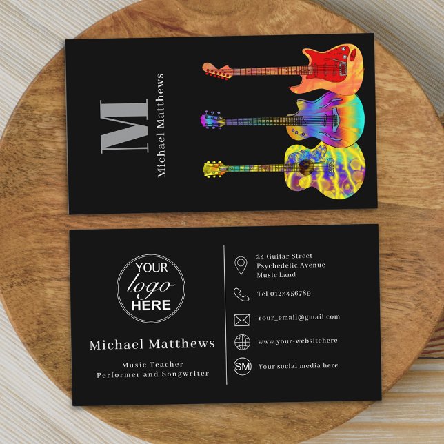 Modern Guitar Teacher Musician Logo Social Media Business Card (Modern guitar music teacher professional musician logo and social media black and white Business )