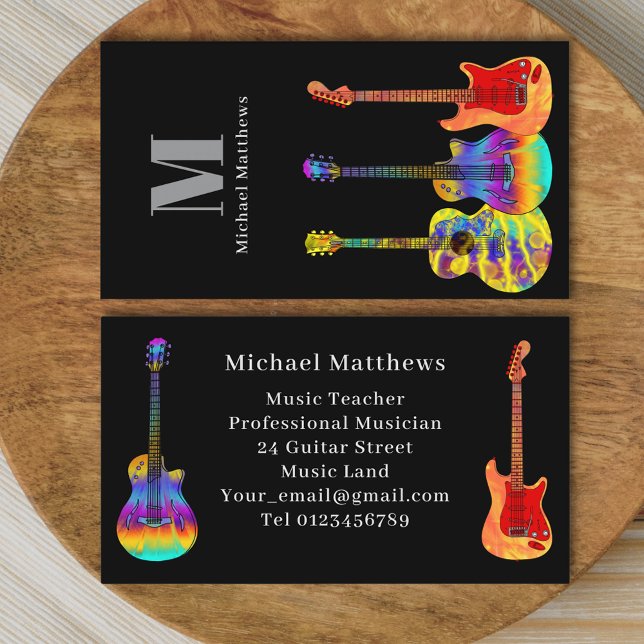Modern Guitar Teacher Professional Musician Business Card (Colorful guitar pattern on black music guitar teacher performer musician professional business card )