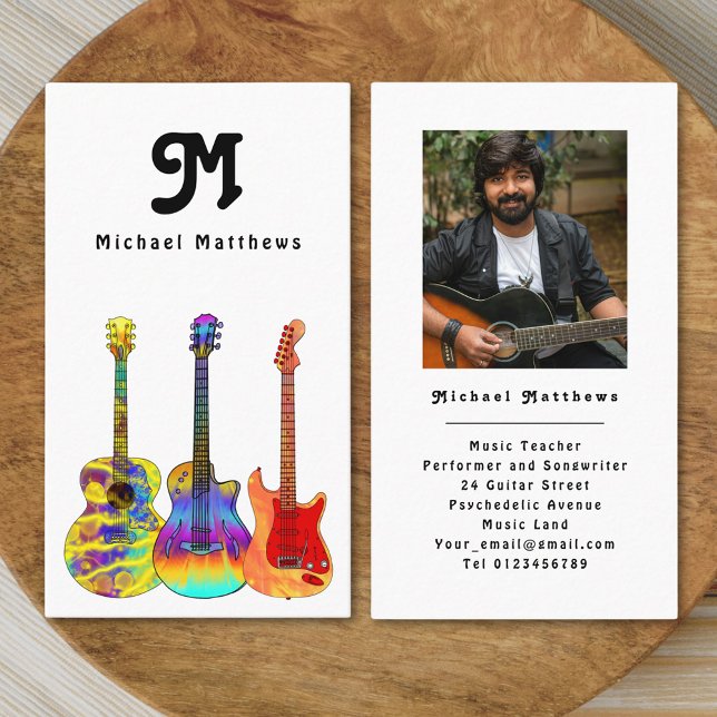 Modern Guitar Teacher Professional Musician Photo Business Card (Modern retro guitar music teacher professional musician photo black and white simple Business card )