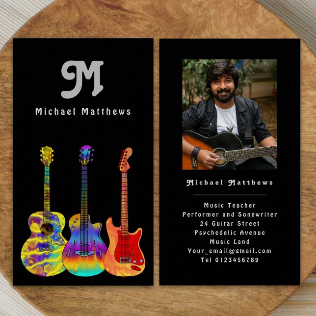 Modern Guitar Teacher Professional Musician Photo Business Card (Retro modern guitar music teacher professional musician photo Business card Colorful guitar art)