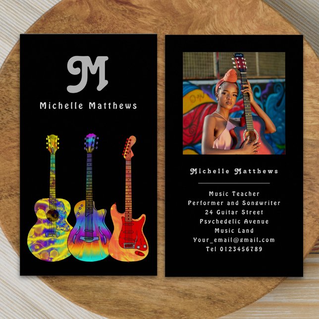 Modern Guitar Teacher Professional Musician Photo Business Card (Retro Modern guitar music teacher musician photo Business card colorful acoustic electric guitars)