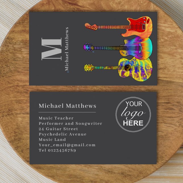 Modern Guitar Tutor Professional Musician Logo Business Card (Guitar music teacher custom logo business card)