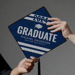 Modern Guy Navy Blue Graduation Cap Topper<br><div class="desc">Simple male graduation cap topper featuring a navy blue background that can be changed to any color,  sporty white stripes,  and a modern template that is easy to personalize.</div>