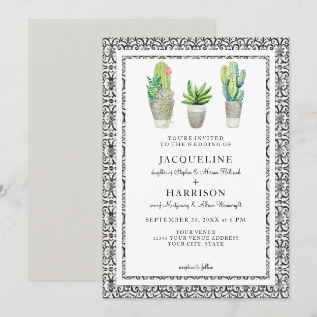Modern Hacienda Watercolor Desert Cactus Succulent Invitation (Front/Back)