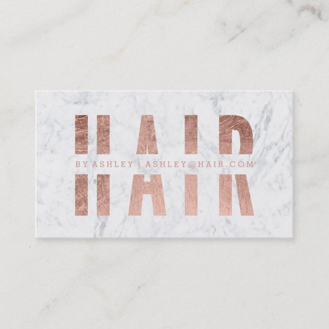 Modern hair cut out rose gold typography marble business card (Front)