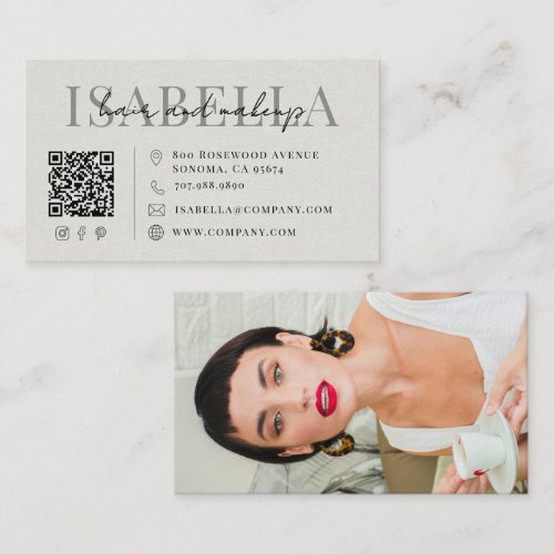 Modern Hair Makeup Artist Faux Linen Script Photo Business Card