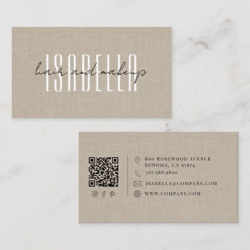 Modern Hair Makeup Artist Griege Faux Linen Script Business Card