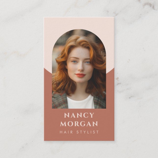 Modern Hair stylist arch photo QR code boho Business Card (Front)