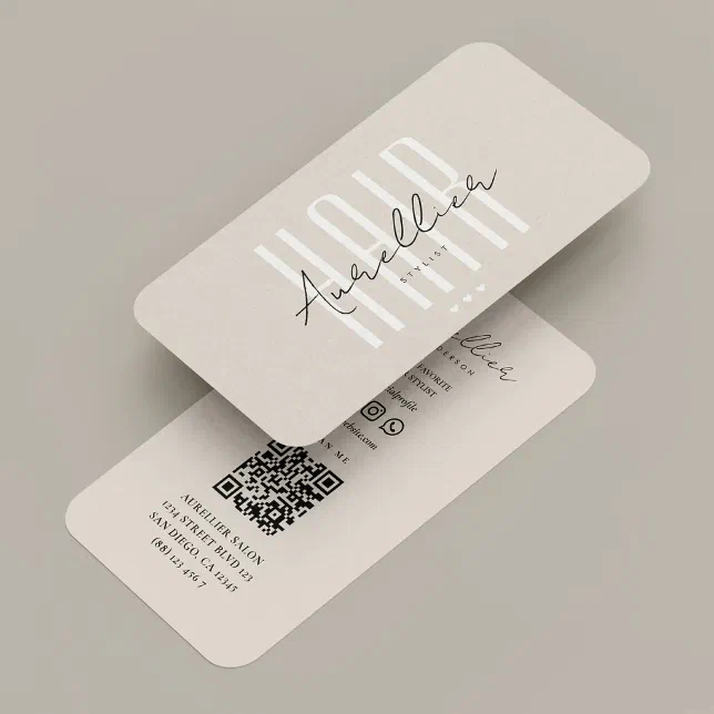 Modern Hair Stylist Beauty Salon White Sand Script Business Card | Zazzle