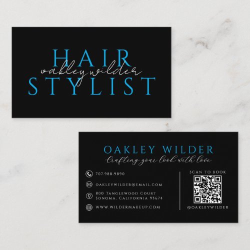 Modern Hair Stylist Black Blue QR Code  Business Card