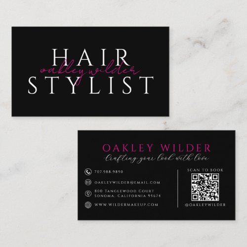 Modern Hair Stylist Black Pink QR Code  Business Card