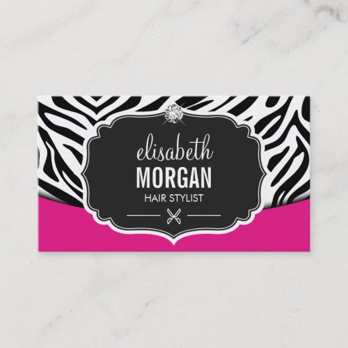 Modern Hair Stylist Black Pink Zebra Print Diamond Business Cards
