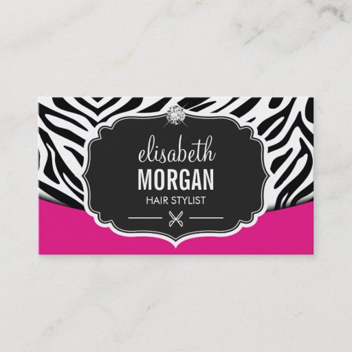 Customizable Modern Hair Stylist Black Pink Zebra Print Diamond Business Cards