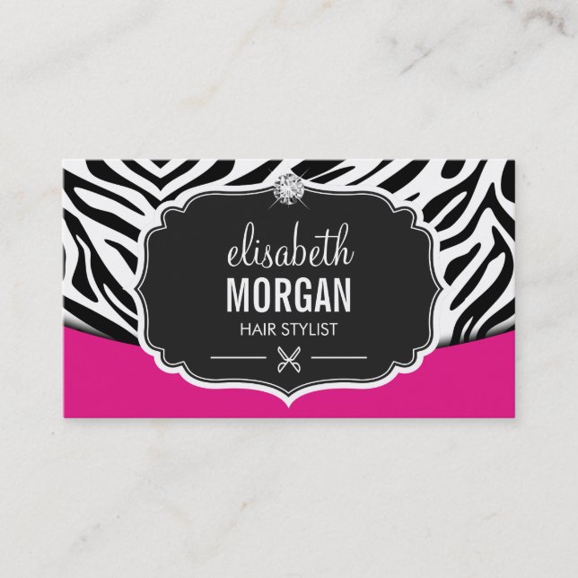 Modern Hair Stylist Black Pink Zebra Print Diamond Business Card (Front)
