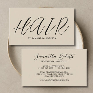 Modern hair stylist chic script beige business card
