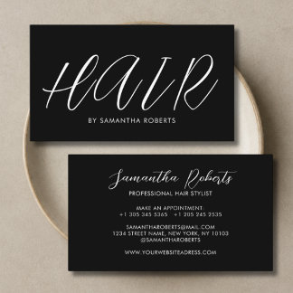 Modern hair stylist chic script black and white business card