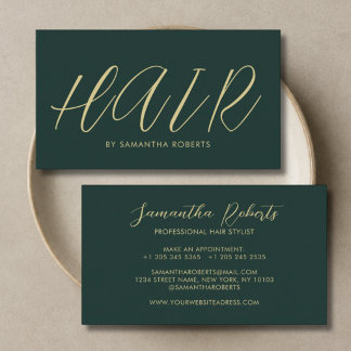 Modern hair stylist chic script green business card