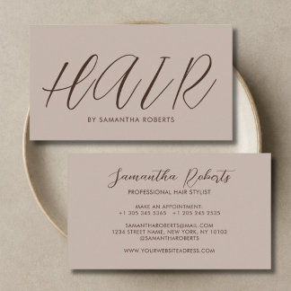 Modern hair stylist chic script tan business card
