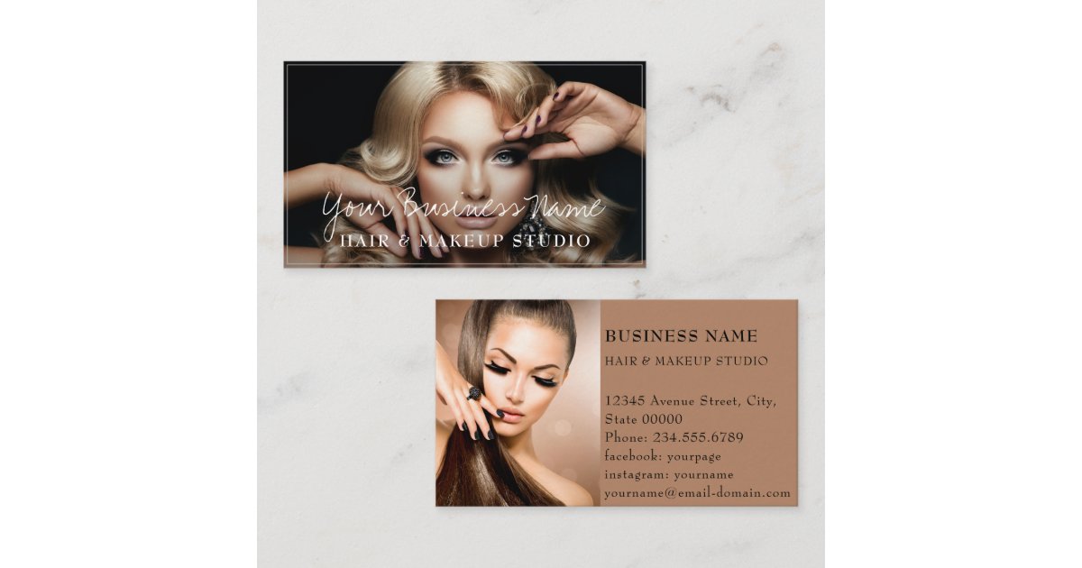 Modern hair stylist customer photos elegant script business card | Zazzle