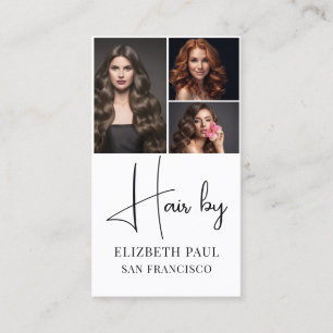 Modern hair stylist customer photos elegant script business card
