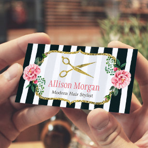 Modern Hair Stylist Girly Gold Pink Floral Striped Business Card
