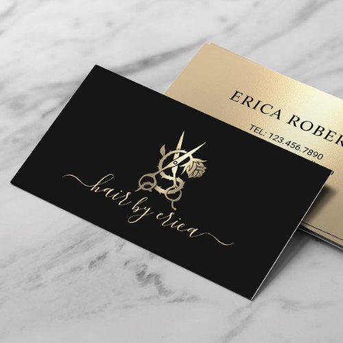 Modern Hair Stylist Gold Scissor Rose Flower Logo Business Card