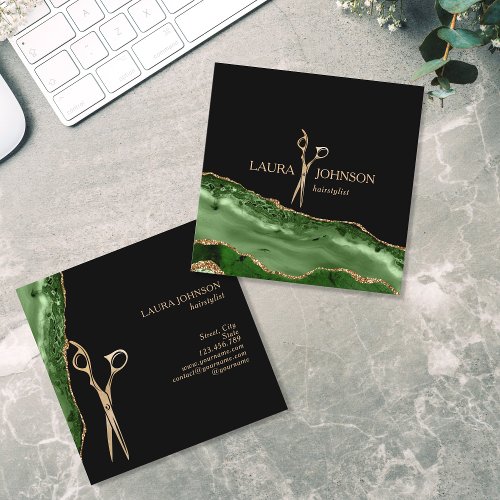 Modern Hair Stylist Gold Scissors Emerald Green Business Card