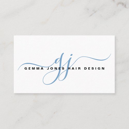 Modern Hair Stylist Gold Script Monogram Blue Business Card