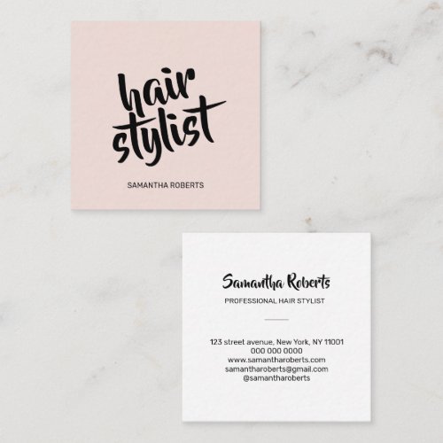 Modern hair stylist minimal script blush pink square business card