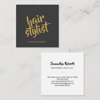 Modern hair stylist minimal script gray gold square business card